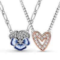 Chains 100% 925 Sterling Silver Sparkling Freehand Heart Blue Pansy Flower Pendant Necklace Fit Europe Bead Charm Diy JewelryChains
