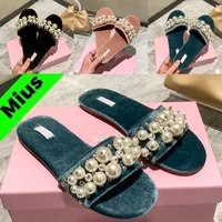 Newest Mius Velvet Flat Pearl Slides womens designer luxury slippers Fashion Shoes Caral Emerald Black Summer Sandals Lady platform Slide top women sandal Sneakers