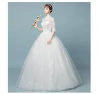 Popular meia manga alta colarinho noiva vestido simples padrão bordado sexy backless vestidos de casamento laço