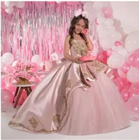 2023 Pink Bead Bade Gown Gown Girls Dosecos de spaghetti Straps Princess Flower Girl Vestido Sequine Satinado Aplicado de la Primera Comunión GB1022A3