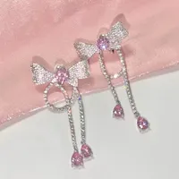 Énoncé de lustre en peluche à lustre brillant Zirconia Bowknot Tassel Long Drop Earrings For Women Korean Style 2022 Nouveaux oreilles