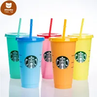 Starbucks 24oz / 710 ml Plastique Tubler réutilisable Réutilisable à boire à baisse plate Pilier Pilier Paille de paille de paille Bardiane 50pcs / Carton