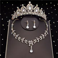 Kolczyki Naszyjnik Koreański kryształowe zestawy biżuterii ślubnej dla kobiet Tiaras Tiaras Crown Setsesearrings