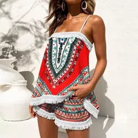 Women's Tracksuits 2pcs Shorts Set Women Summer Outfits Hawaii Hohemia Print Crops Tanks Vest Suit Lace Sling Casual HolidayWomen's