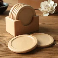 Stock 6pcs Wooden Cup Mat Set With Holder Solid Wood Round Placemat Insulation Pad