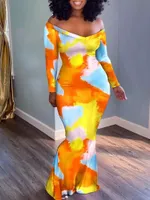 Casual Dresses Tie Dye Print Off Shoulder Bodycon Mermaid Maxi Dress Womencasual