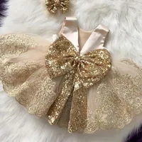 Kız Elbiseleri Yaz Sequin Big Bow Bebek Kız Elbise 1. Prenses Akşam Kid Cressgirl's için İlk Doğum Günü Partisi Düğün