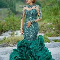2022 Plus Size Arabic Aso Ebi Dark Green Mermaid Prom Dresses Lace Sheer Neck Vintage Evening Formal Party Second Reception Gowns Dress