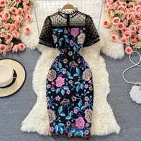 Kadınlar için yazlık elbise 2022 akın dalga noktası standı yaka çiçek emnoidery ince diz boyu örgü elbiseler