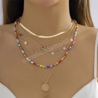 Bohemian mehrschichtige farbenfrohe Samenperlen Ketten Halskette für Frauen Sommer Beach Gold Farbmünze Pendel Anhänger Schmuckzubehör