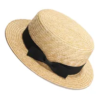 Fashion Natural Straw Hat Boater Fe Top Flat CHATS POUR FEMMES MEN MEN SUMME PLACE FLAT ROBLE BOWKNOT Ruban pour les vacances 220615