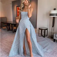 2020 New Sexy Luxury Baby Blue Mermaid Prom Dresses With Detachable Train High Side Split Sequined Lace Long Prom Gowns Formal Dre2878