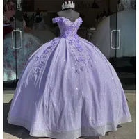 Lavendel Bling -Paillistin Spitze Süß 16 Quinceanera Kleider 2022 von der Schulter 3d Blumenapplikation Perlen Korsett Kleid Vestidos de 15 Anos Masquerade xv Kleid