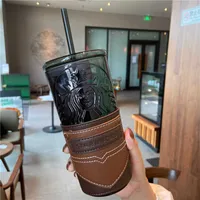 Starbucks Fincan Serin Siyah Tanrıça Deri Kapak Cam Saman Fincan Klasik Koyu Yeşil Mermaid Su Kupası Büyük Kapasiteli Hediye