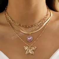 Multilapa Gold Metal Choker Mujeres Cute Pink Crystal Heart Butterfly Colgante Collar Chicas Joyas de moda