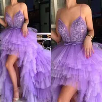 Most Popular High Low Prom Dresses Sexy Spaghetti Tiered Tulle Evening Gowns Homecoming Dresses Layers Sweep Train Cocktail Party 271J