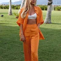 Bclout Orange Linen Trouser Suits Women Loose Short Sleeve Single Breasted Long Shirts Casual Wide Leg Pants Set Woman 2 Pieces 220812