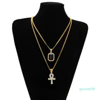 Egyptian Ankh Key of Life Bling Rhinestone Cross Pendant With Red Ruby Pendant Necklace Set Men Hip Hop Jewelry178d