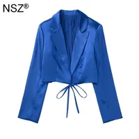 Women's Suits & Blazers NSZ Women Blue Blazer Satin Suit Jacket Elegant Chic Fashion Wrap Coat Office Lady Short Outerwear Cropped Outfit