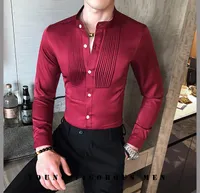 Men's Dress Shirts Men Tuxedo Front Pleated Small Stand Collar Solid Long Sleeve Blouse Male Gentleman Party Wedding Slim Fit TOPS