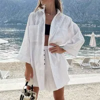 Ootn casual sottile di lino in cotone in abitudini camicia da giro bianca oversize 2 pezzi set di pantaloncini in vita elastica estate per le vacanze 220713