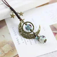 Colar de esferas de cerâmica da lua vintage dupla estrela boho jóias jóias de jóias de corda ajustável colares de camisola longos CN012843