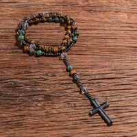 Colliers pendants Natural Yellow Tiger Eye African Turquoise Perles Catholic Christian Cross Collier Mala Rosaire pour hommes et femmes J