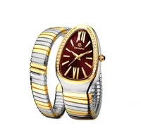 Relógio de pulso estilo da bracelete da moda com uma corrente circular e um diamante de discagem de design de cobra incrustado pelas mulheres