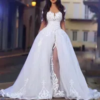 2020 Arabic White Elegant Off The Shoulder Wedding Dresses with Overskirt Long Sleeve Lace Bridal Wedding Ball Gowns with Detachab2902
