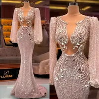 Sparkly Arabic Luxury Pink Sequined Prom Dresses 2022 Beaded Crystal Long Sleeve Mermaid aftonklänning skräddarsydda festklänningar BC14047 B07716