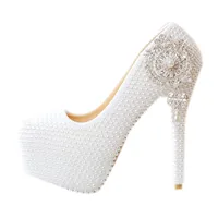 2022 White Pearls Wedding Shoes Thick kitten High Heel Shoes White Lace Pumps Princess Party Birthday Heels