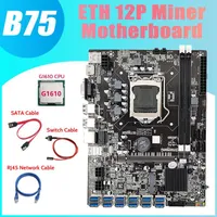 Placas base -B75 ETH Miner Motherboard 12 PCIe a USB3.0 G1610 CPU RJ45 Cable de red STATA SATA LGA1155 Motores de placa base LGA1155