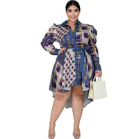 Ecoine Blue Temperament Commuter Bandage Dress Denim Cardigan Impresso Midlength Midwaist Suite Plus Size Women Clothing L220601