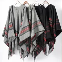 2022 New Winter Stoles Women Knitted Poncho Cape Hooded Stripe Oversized Cardigan Blanket Long Shawl Scarf Cashmere Pashmina J220721