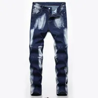 Jeans blancos lavados de estiramiento Pantalones de motociclistas para hombres casuales Pantalones de color azul oscuro Tie Dye Denim Cotos de algodón Vaqueros de Hombre