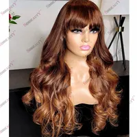 Golden Brown Auburn Human Hair Glueless Easy Install Wigs for Women Silk Top Machine Made 180 Density Remy Hair Wig with Bang