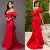 Gorgeous Red Mermaid Long Bridesmaids Dresses Off the Shoulder Backless Maid of Honor Floor Length Satin Wedding Party Dress Plus 291N