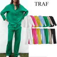 TRAF Women Shirt Oversized Long Blouses Long Sleeve Female Casual Loose Tops Pocket Blouses High Waist Elasticated Trousers 220413