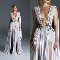 Paolo Sebastian 2020 Split Slit Prom Dresses Dubai Arabic V Neck Lace Appliqued Sexy Evening Gowns Formal dress Party Wear abendkl210u