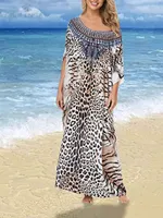 Casual Dresses Bohemian Leopard Print Kaftan Tunic Beach Dress Women Summer Beachwear Plus Size Half Sleeve Slash Neck Long Q1205Casual