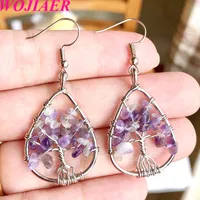 Wojiaer Natural Chip Stone Dangle Earrings Tree of Life Water Drop Trend Trend Eardrop Opal Crystal Girls Women Party Jewelry Bv937