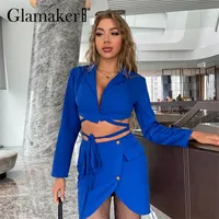 Glamaker Office ladies blue skirts suits Bandage cropped blazer jacket and A line Elegant chic lace up women sets 220524