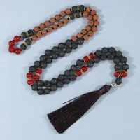 ペンダントネックレスRudraksha Mala Necklace Lava Red Onyx Natural Stone Beads Boho Tassel Japamala Meditation Yoga Spirit JewelryryPendant