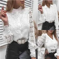 Women Sexy Lace Patchwork Hollow Out Shirt Blouses Long Sleeve Crew Neck Mesh Design Top 2022 Spring White Vintage Blouses Femme-x206m