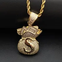 Guldpläterad isad CZ Cubic Zirconia Mens USD Money Bag Pendant Chain Halsband Personlig Full Diamond Hip Hop Jewelry Gifts F3115
