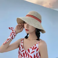 Wide Brim Hats 100%Raffia Bow Sun Hat Floppy Summer For Women Beach Panama Straw Dome Bucket Femme Shade