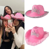Wide Brim Hats 2022 Western Style Pink Cowboy Hat Hat Tiara Cowgirl Cap pour femmes Girl Birthday Costume Party289f
