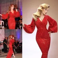 Sequined Red Prom Dresses Long Sleeves Deep V Neck Mermaid Evening Gowns Side Split Pleats Celebrity Party Dress Red Carpet Formal317v
