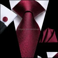 Bow Ties Fashion Accessories Business Bury Red Solid Silk Wedding Tie For Men Handky Cufflink Mens Necktie Designer Party Drop Hi-Tie Delive