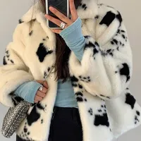 Lucyever Winter Black and White Faux Mink Fur Coat Women Short Turndown Collar Thick Warm Overcoat Korean Sweet Plush Coats 201029